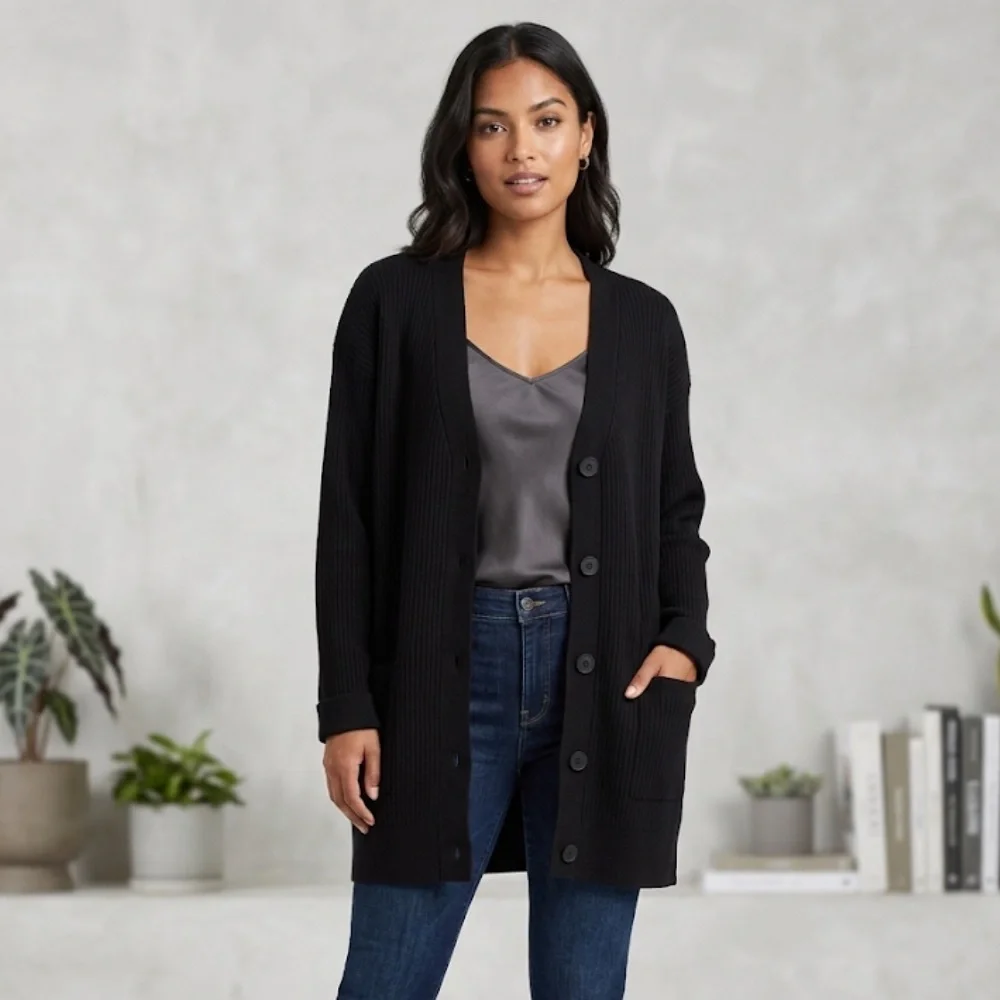 Brunette The Label Ottoman Ribbed Oversized Button-Front Cardigan Black - Picture 1 of 10